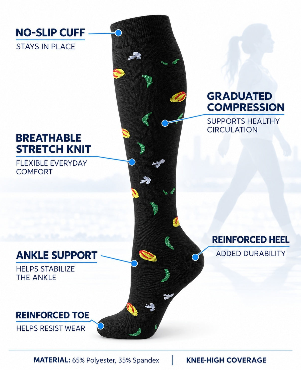 Patterned Compression Socks 6 Pair Set - Soft Botanical approved structure and function