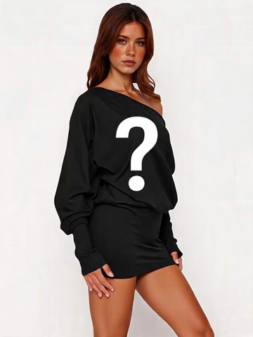 Black off-shoulder long-sleeve mini dress with draped neckline