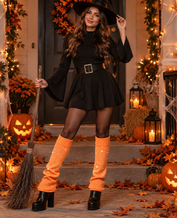Leg Warmers Rhinestone Slouchy Flared - Orange worn in a Halloween cosplay lifestyle scene
