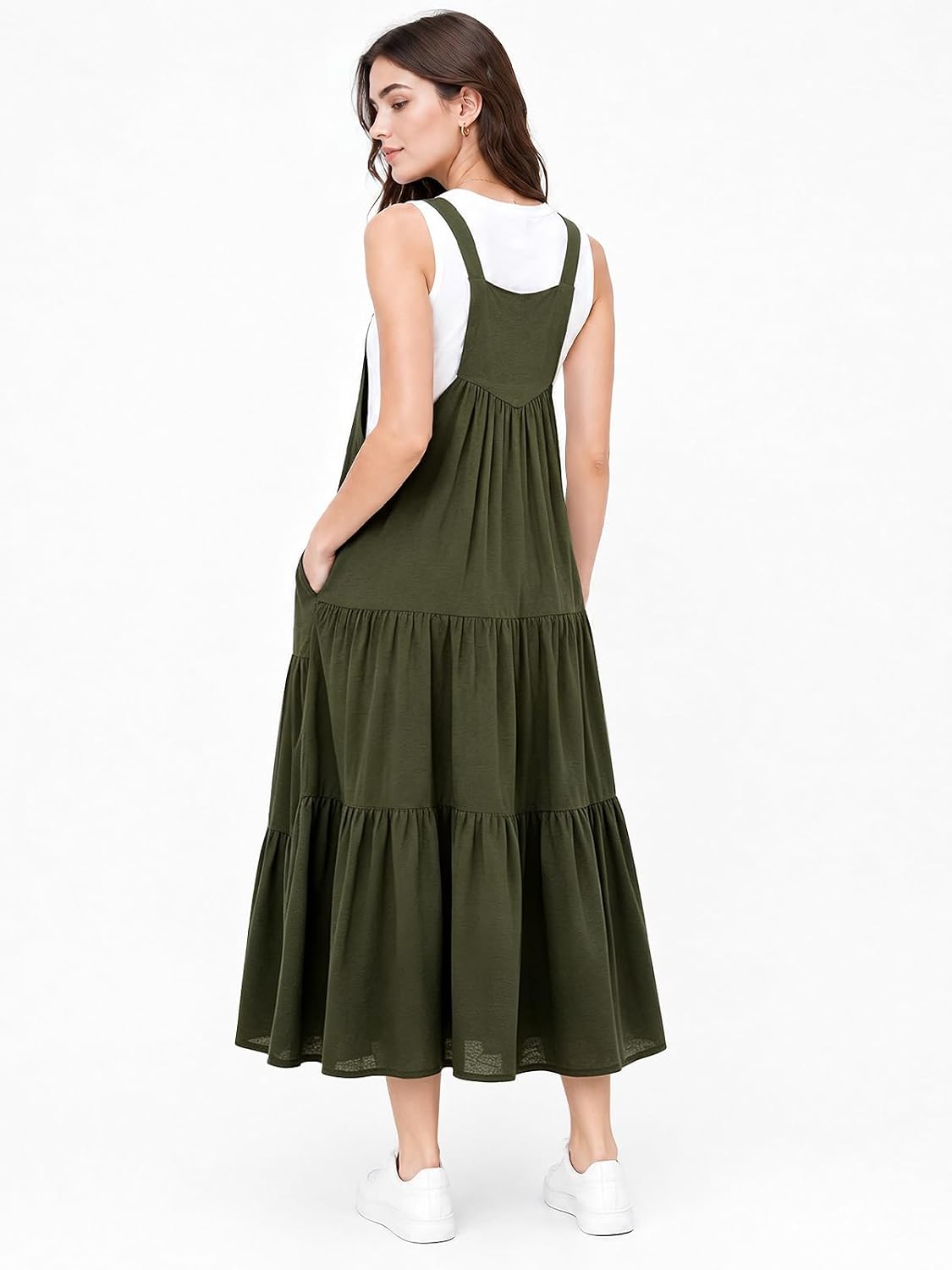 Olive tiered midi overall dress with cross-back straps, scoop neckline