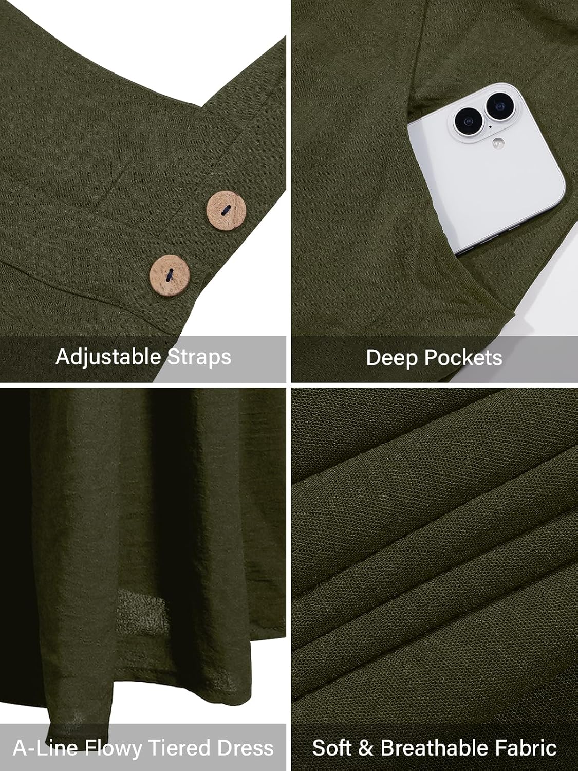 Olive overall dress close-up: adjustable straps with buttons and deep front pockets