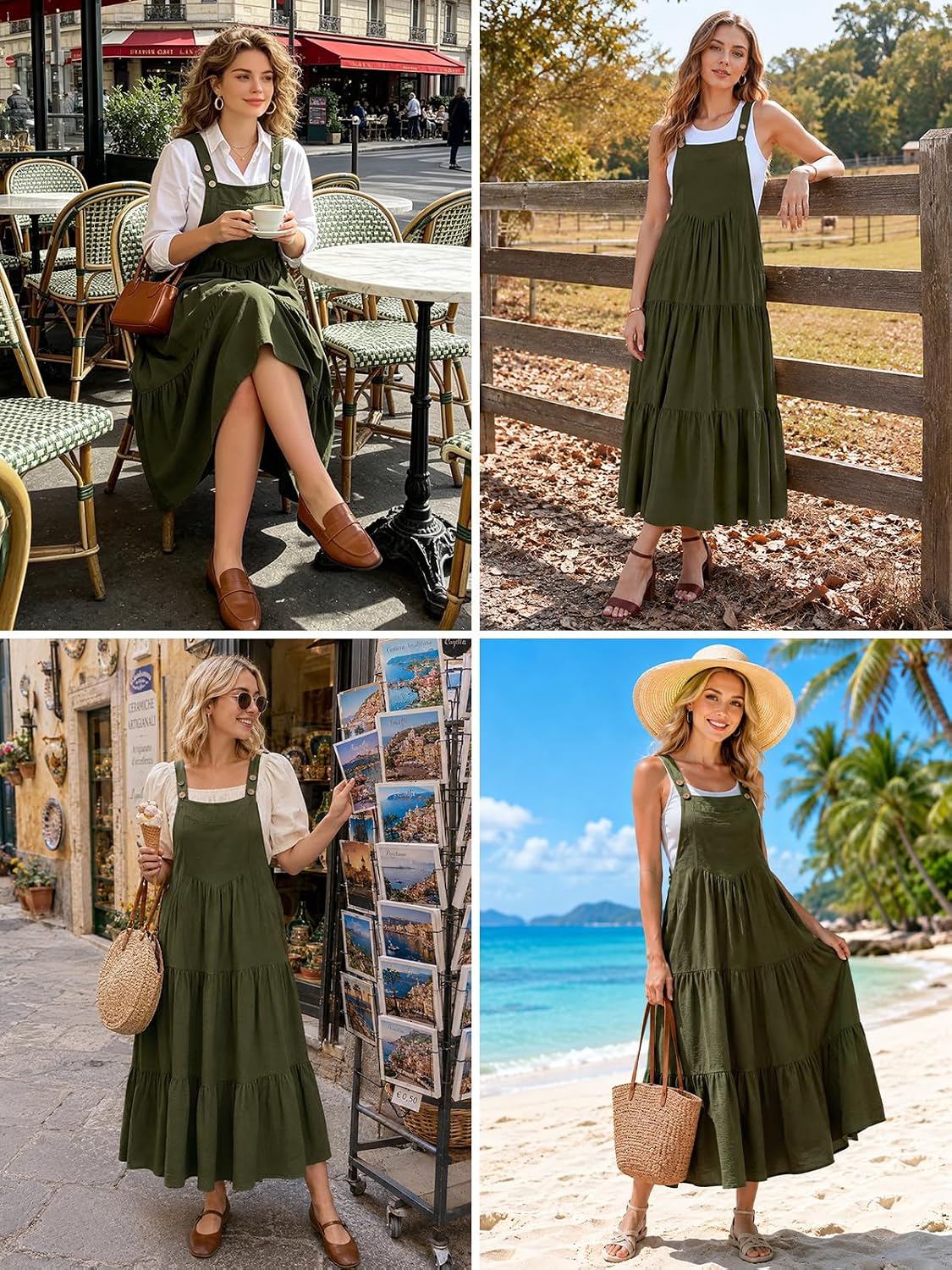 Olive tiered midi overall dress with bib front, wide straps, and side pockets