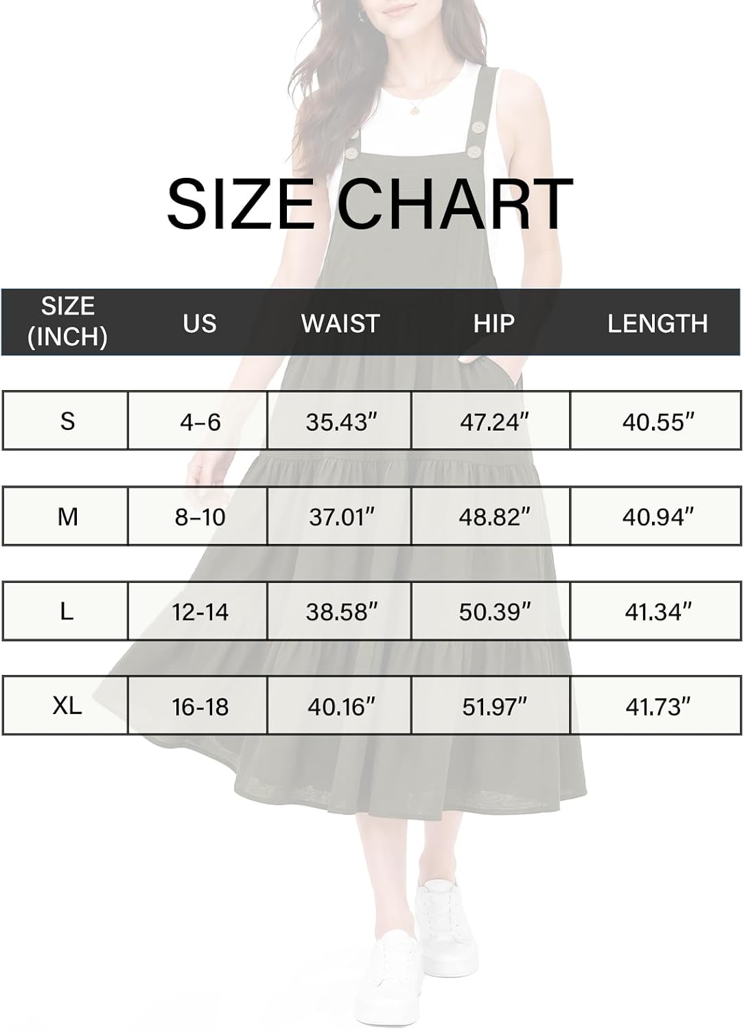 Size chart for overall dress: US sizes with waist, hip, and length measurements
