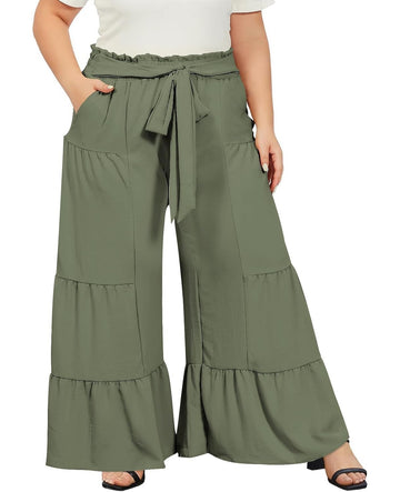 Army green tiered palazzo pants with elastic tie waist and side pockets