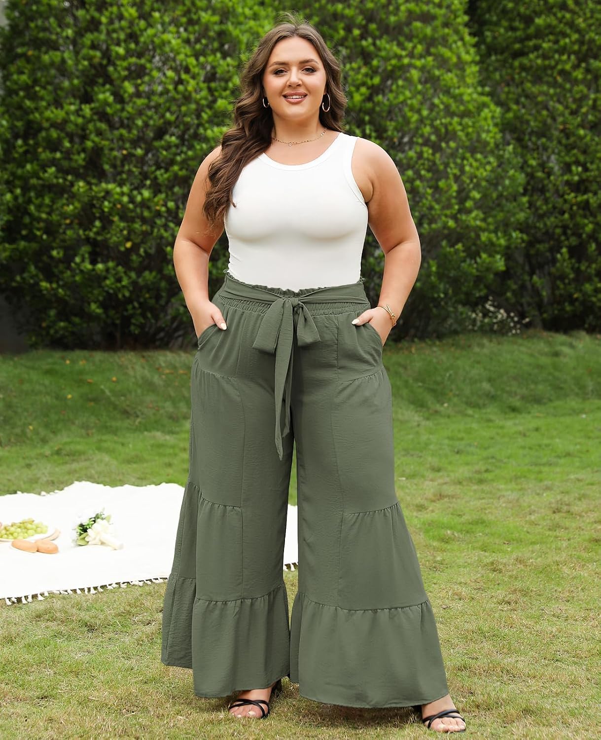 Army green plus-size wide-leg palazzo pants, tied waist, tiered hem, side pockets
