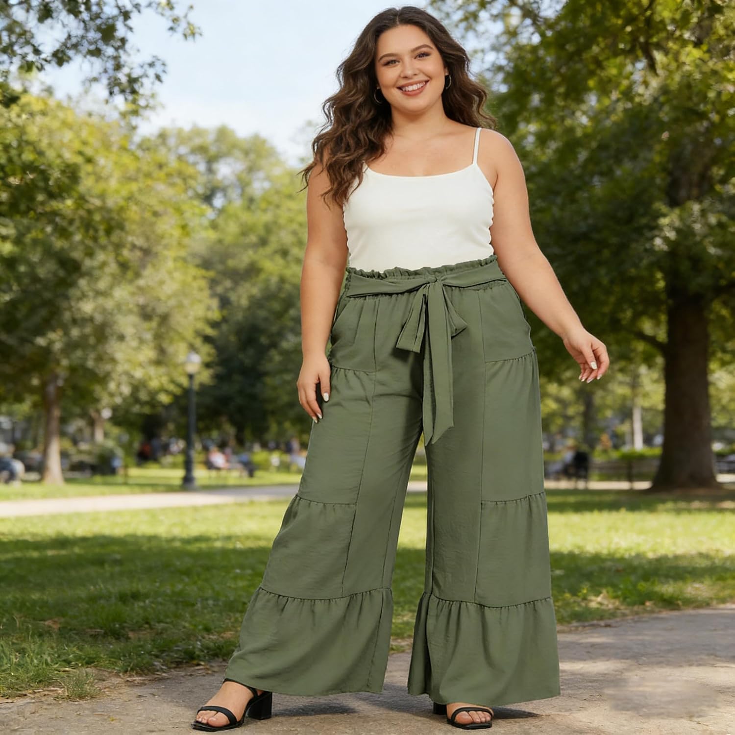 Army green wide-leg palazzo pants with bow-tie waist and tiered skirted legs