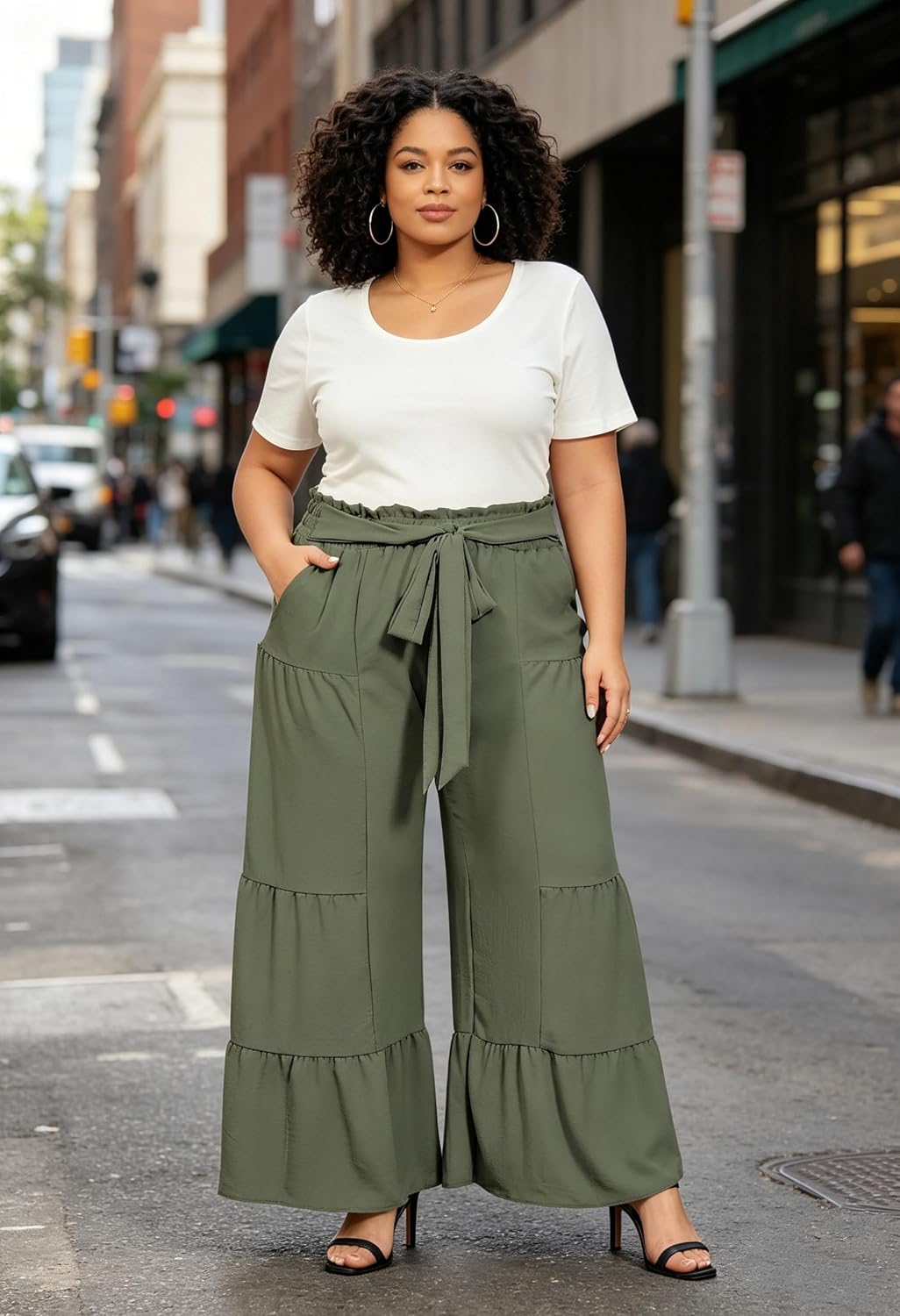 Army green palazzo pants with adjustable tie waist, slanted pockets, tiered wide legs