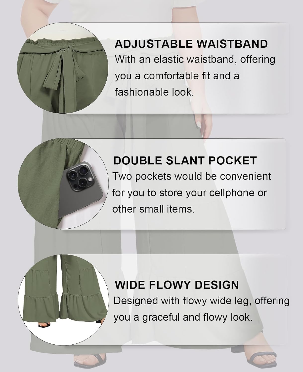 Army green palazzo pants features: elastic tie waist, slanted double pockets, wide flow