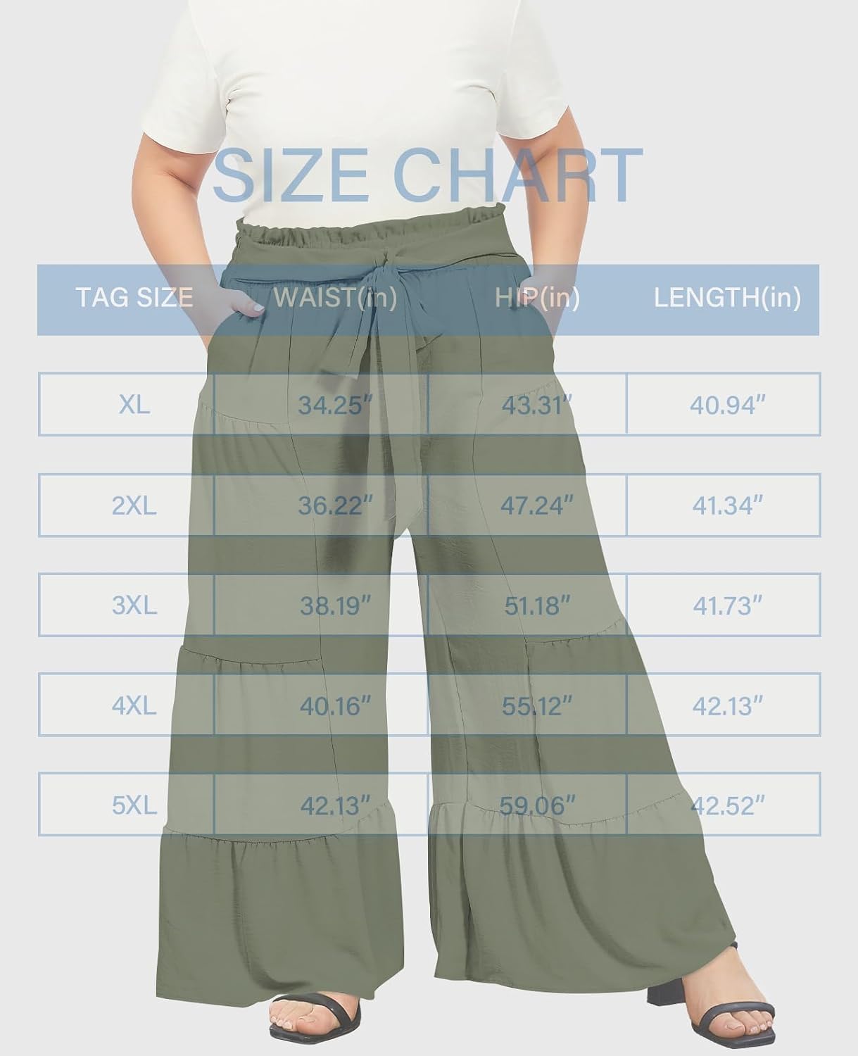 Size chart for army green plus-size palazzo pants with elastic tie waist and pockets