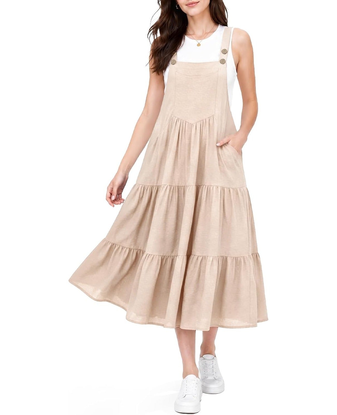 Beige tiered midi overall dress with button straps and bib front