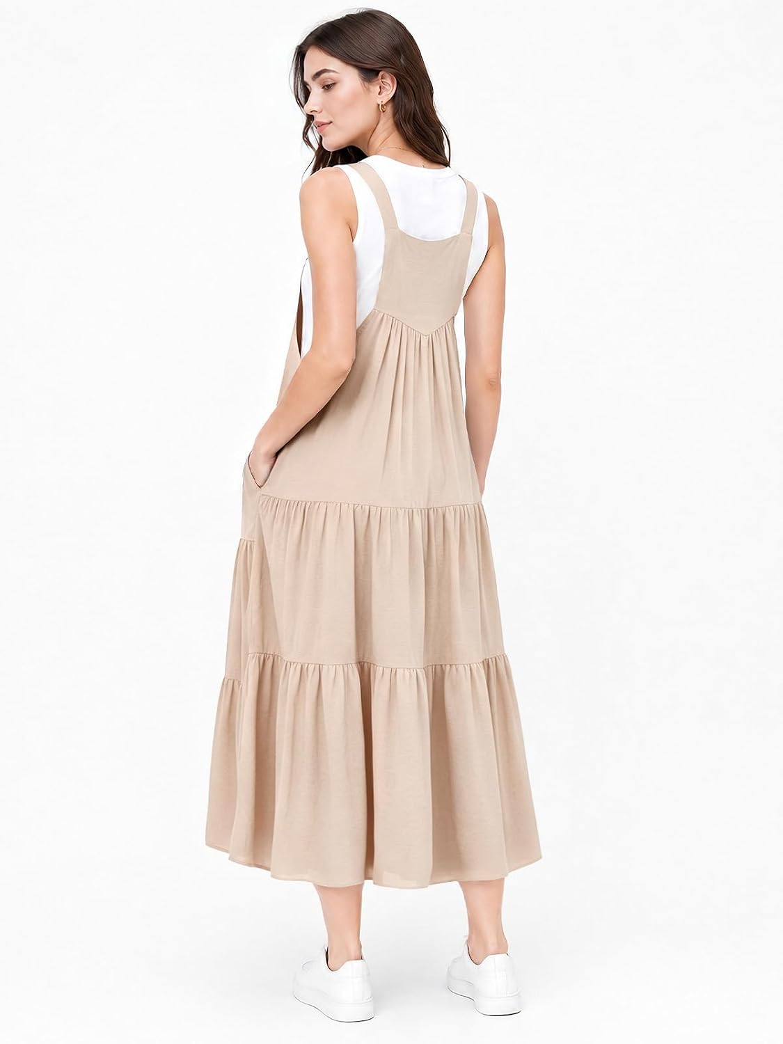 Beige tiered midi overall dress with adjustable sleeveless straps
