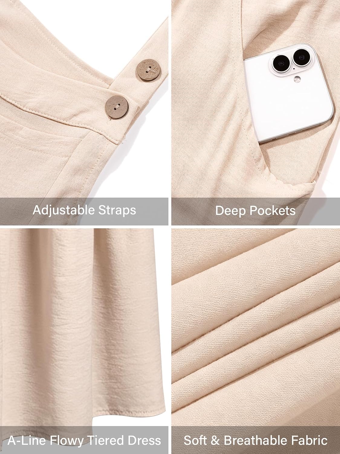 Beige overall dress details: adjustable straps, deep pockets, tiered A-line skirt