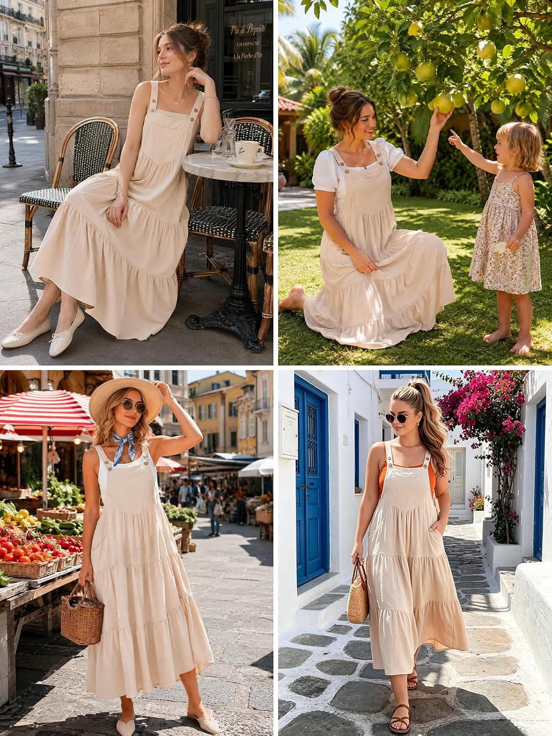 Beige tiered midi overall dress styled for casual daytime wear