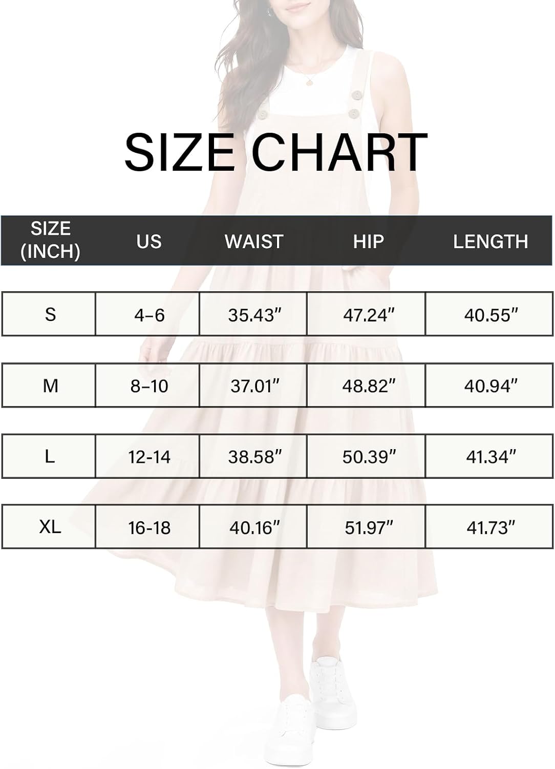 Size chart for beige midi overall dress: waist, hip, and length by size