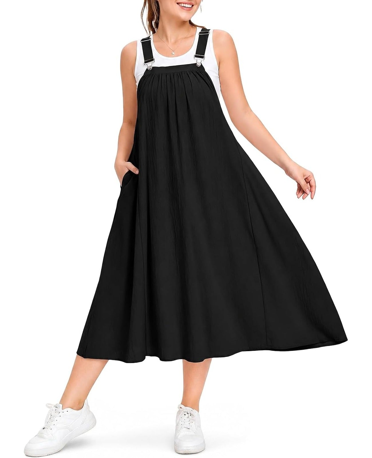 Plus size black cotton overall dress with white-trim straps and flared A-line skirt