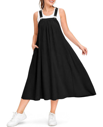Plus size black cotton overall dress with white-trim straps and flared A-line skirt