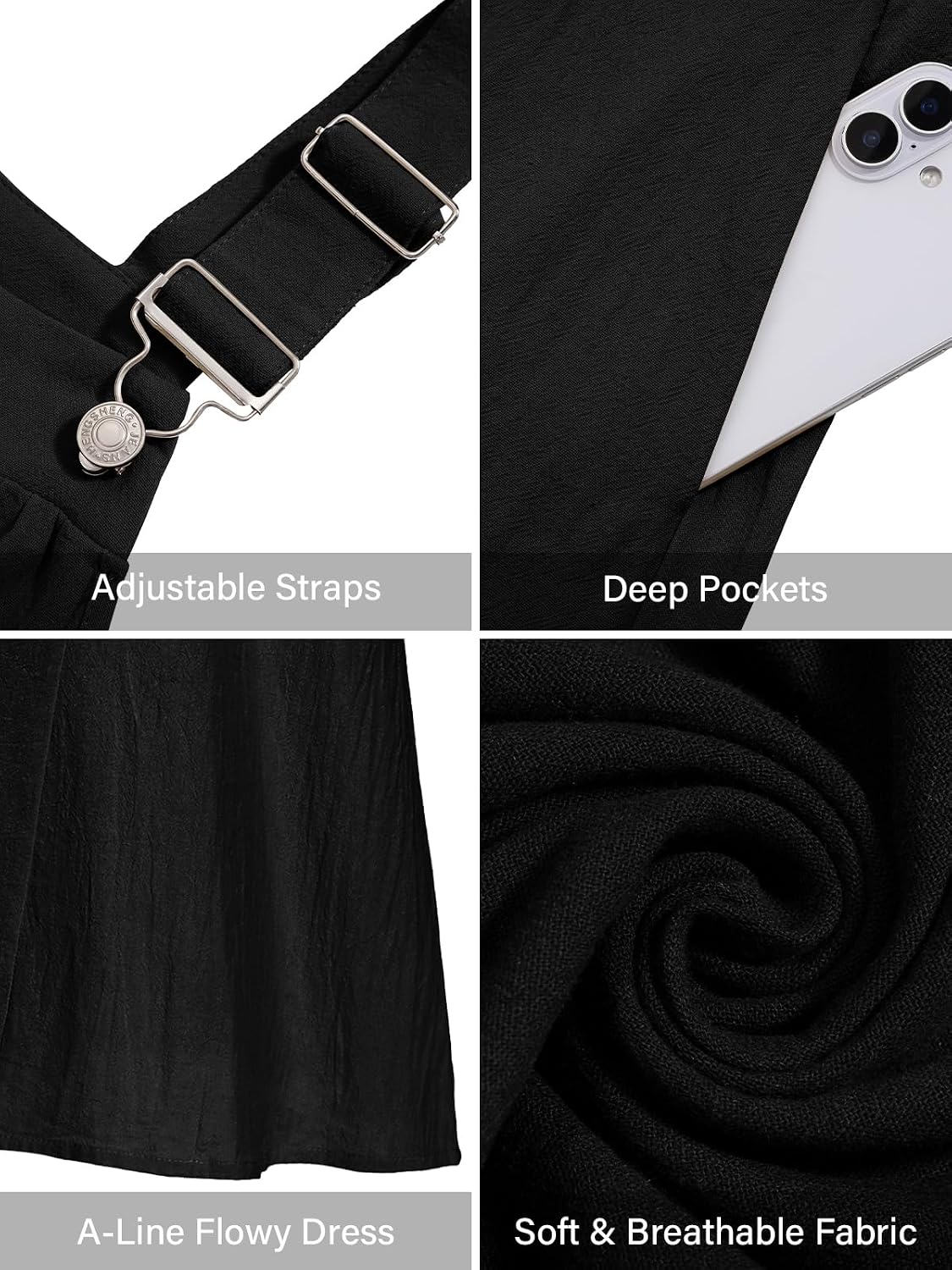 Black overall dress with adjustable straps, deep pockets, soft breathable fabric