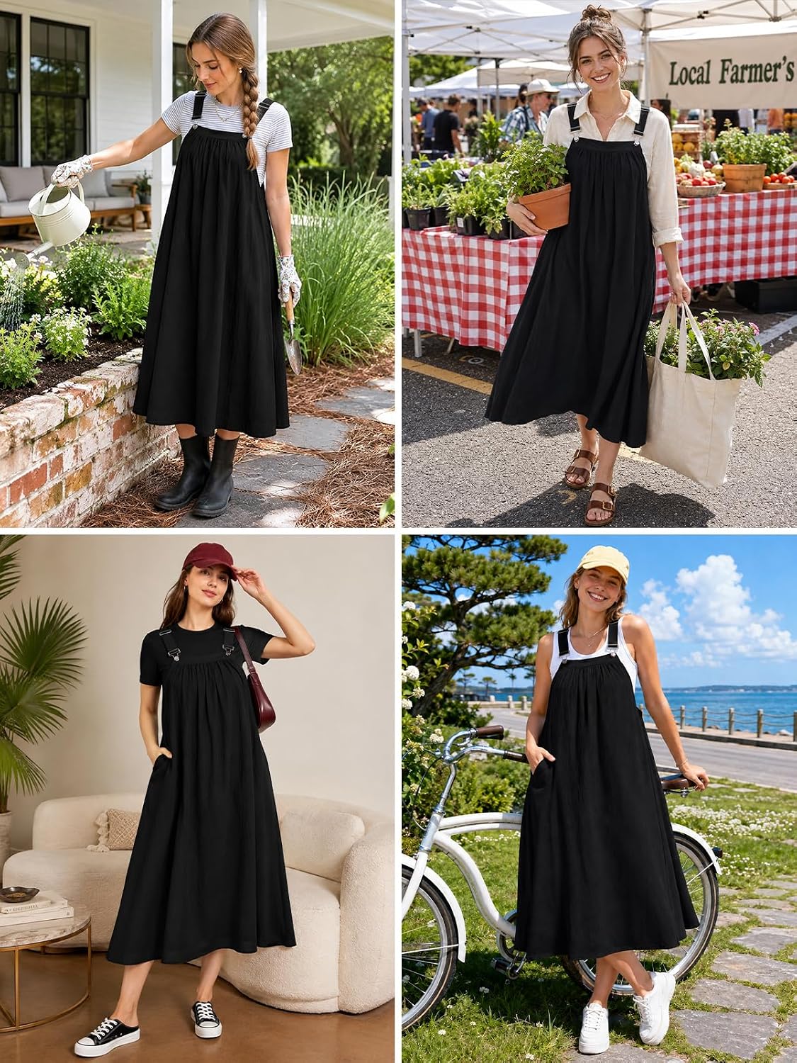 Black cotton overall dress with white-trim straps and gathered A-line skirt, worn with sneakers