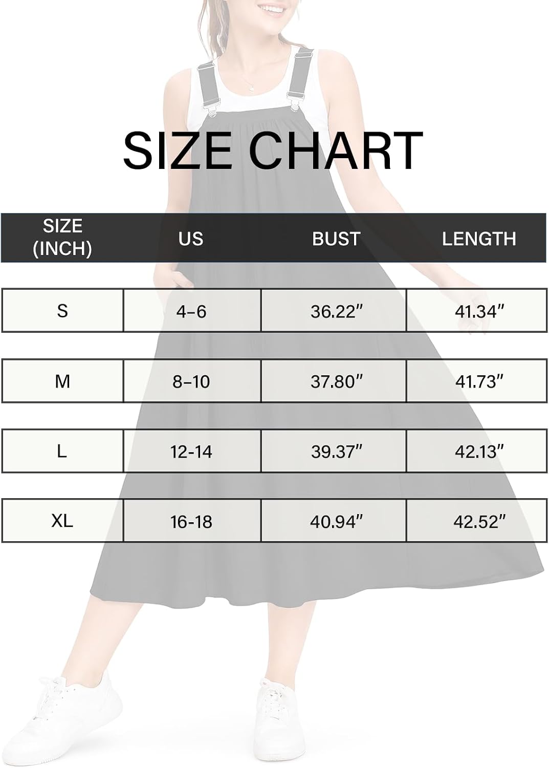 Overall dress size chart showing bust and length measurements for sizes S to XL