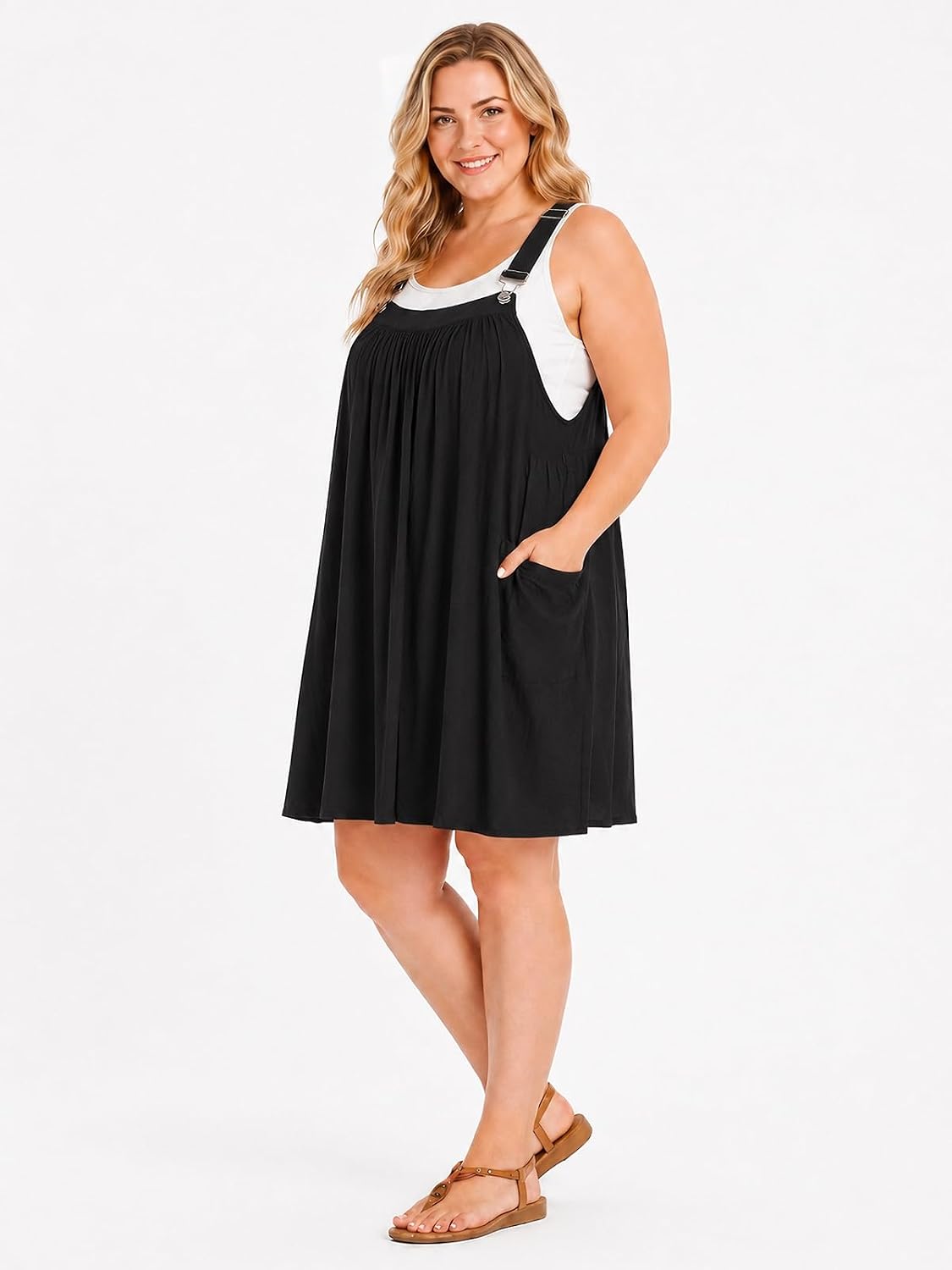 Plus Size Cotton Overall Mini Dress with Pockets - Black