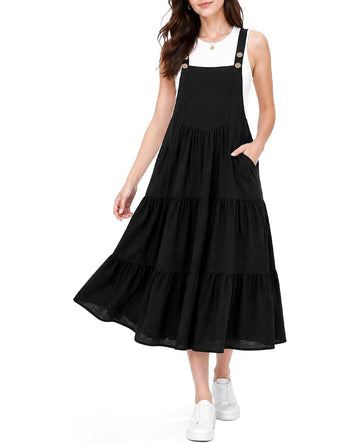 Black tiered midi overall dress with adjustable straps and front bib