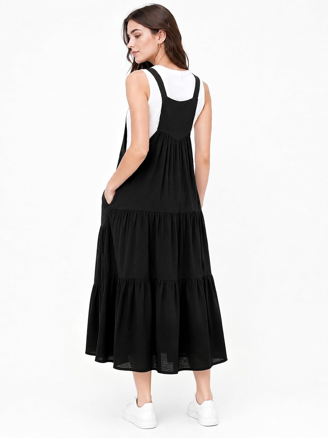 Black A-line tiered midi overall dress with racerback straps