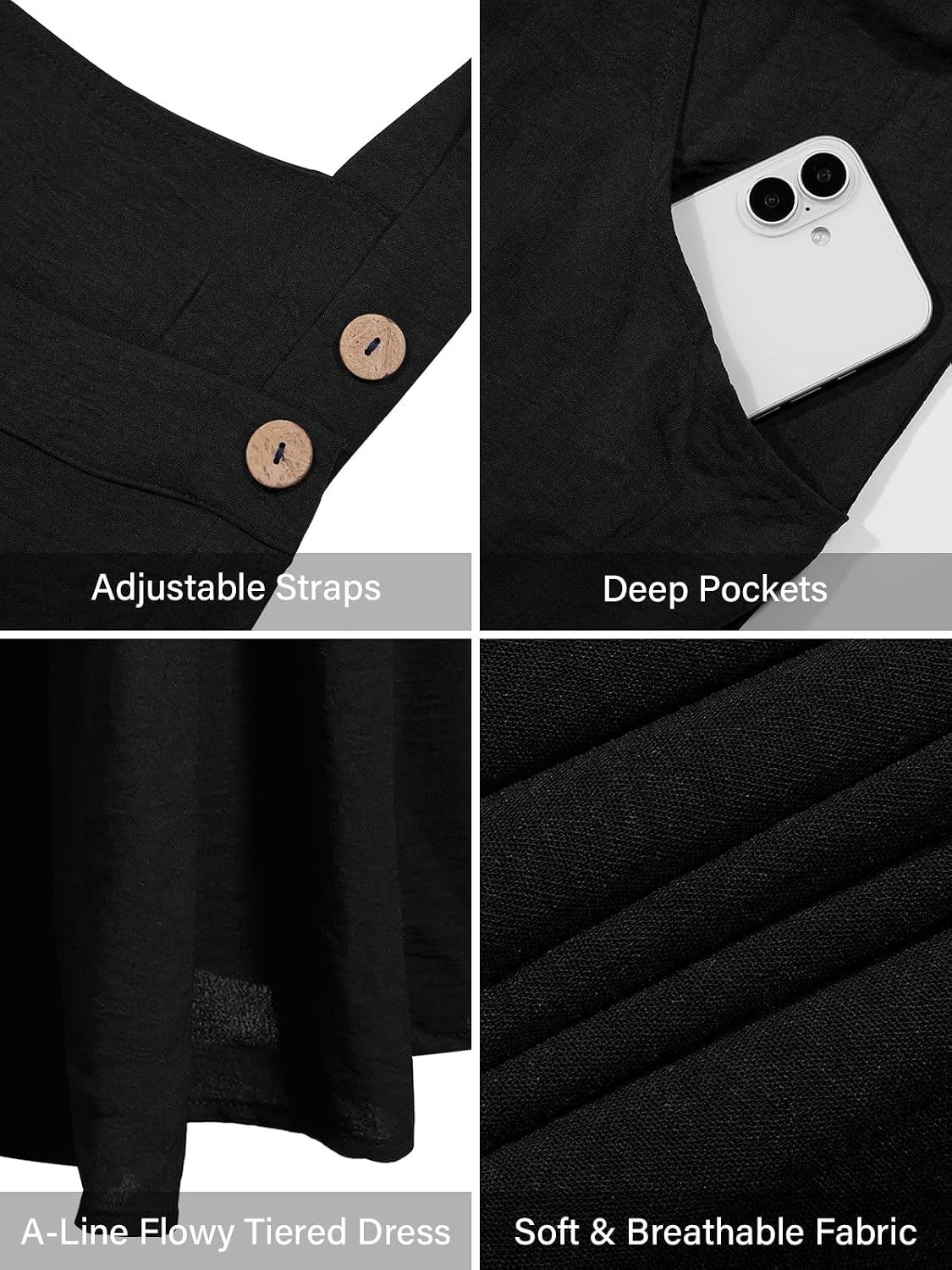 Black tiered overall dress details: adjustable straps, deep pockets, soft breathable fabric