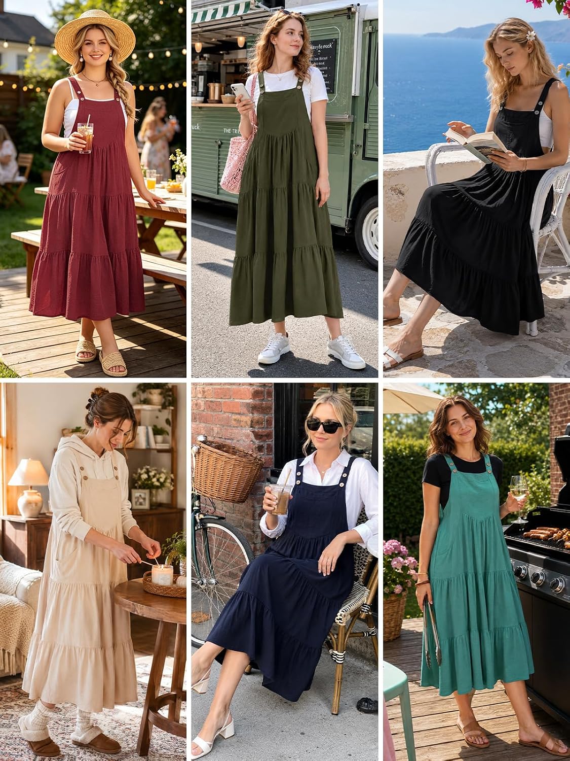 Tiered overall midi dresses on models, multiple colors shown
