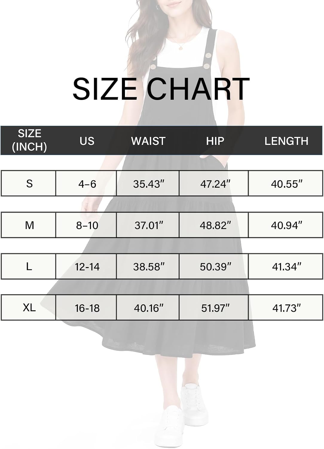 Size chart for midi overall dress, waist, hip, and length measurements