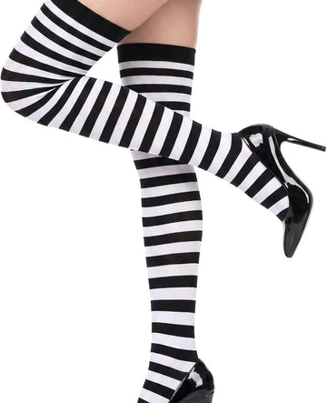 Black-and-white striped thigh-high stockings with over-knee top band