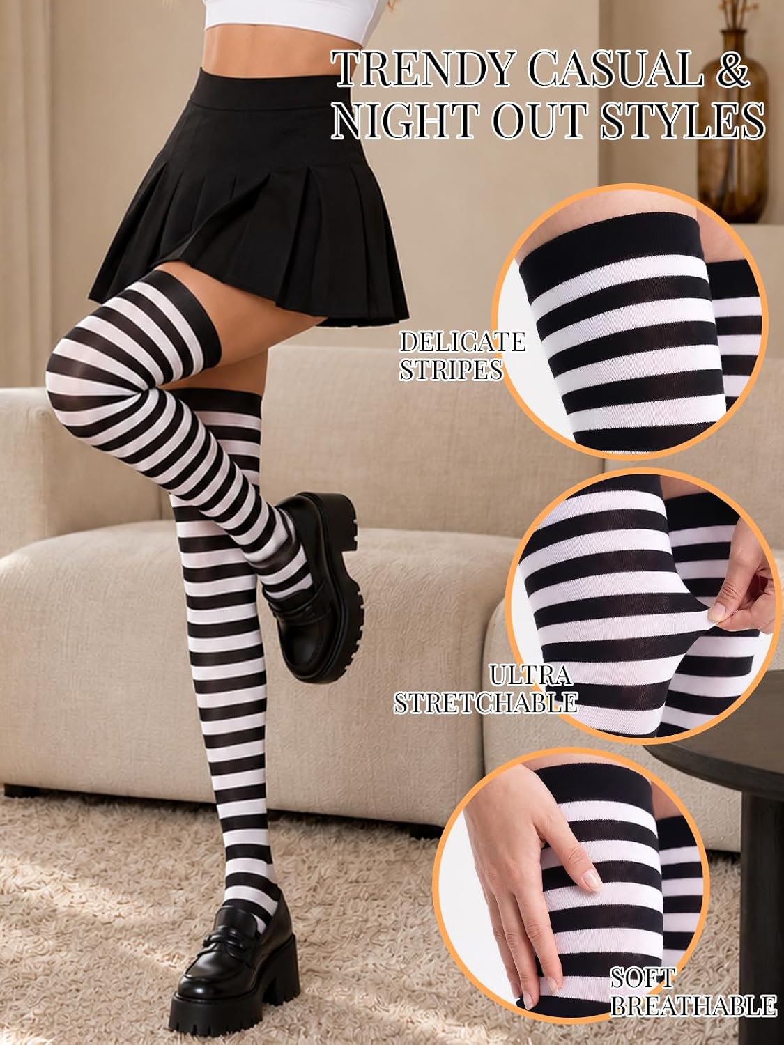 Black-and-white striped thigh-high stockings with over-knee cuff close-up