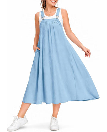 Light blue cotton overall dress with square neckline, adjustable straps, and A-line skirt