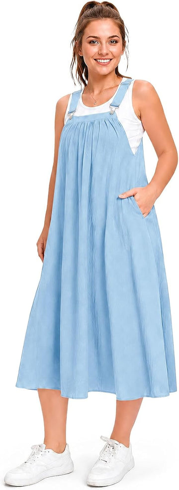 Light blue sleeveless overall dress with adjustable straps and gathered A-line skirt