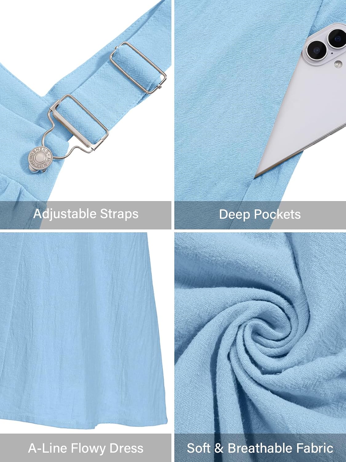 Light blue overall dress with adjustable straps, deep pockets, and soft breathable fabric