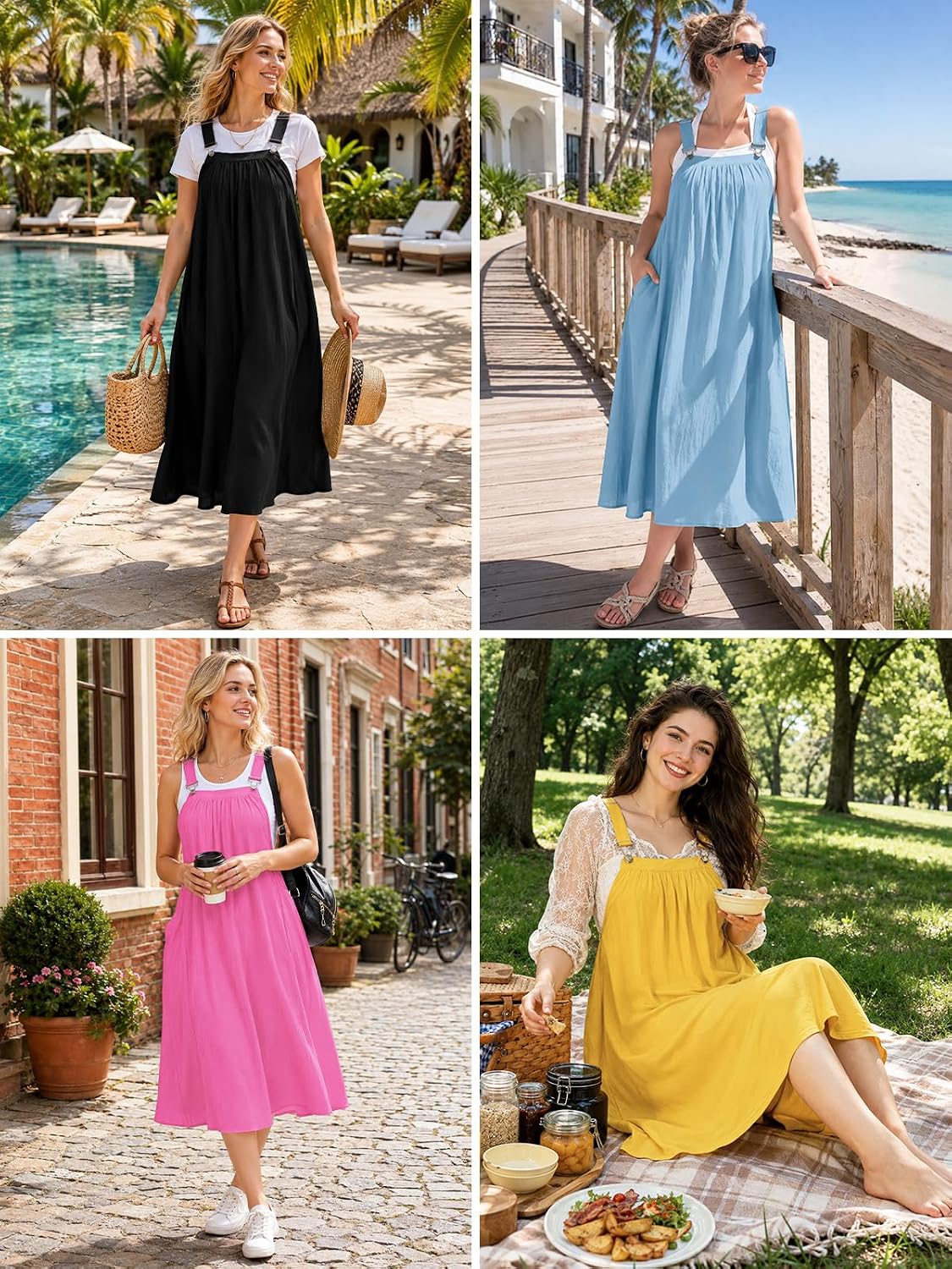 Light blue sleeveless overall dress with adjustable straps and pockets, worn outdoors