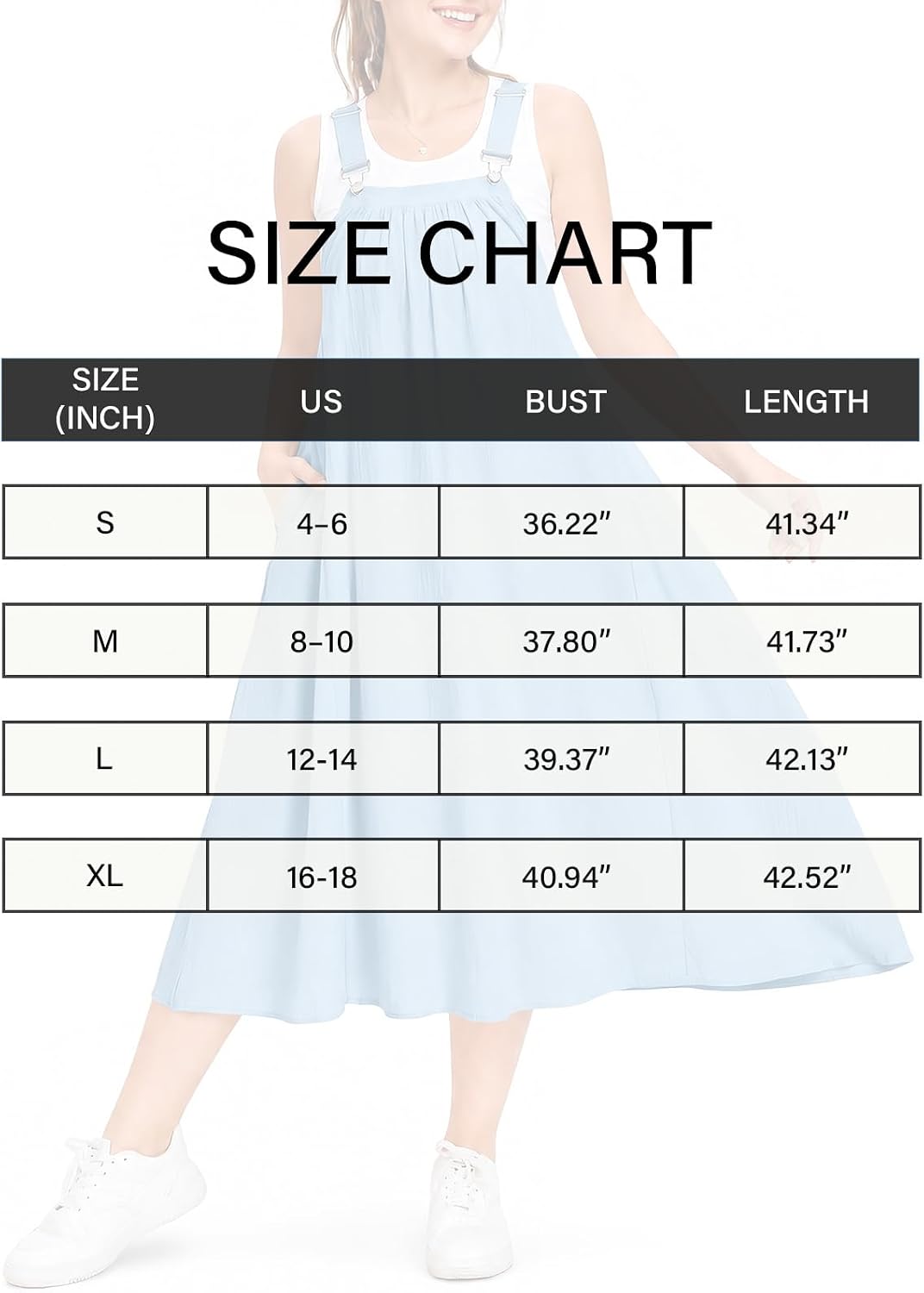 Size chart for overall dress showing bust and length measurements by size