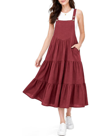 Dusty rose tiered midi overall dress with adjustable straps and front buttons