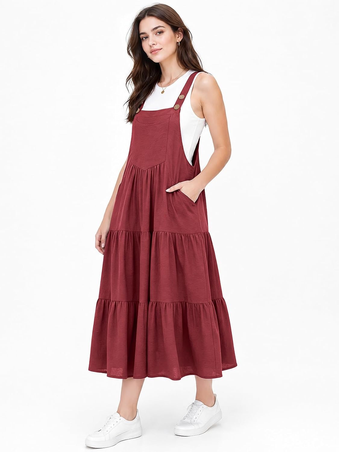Dusty rose sleeveless tiered midi overall dress with adjustable straps