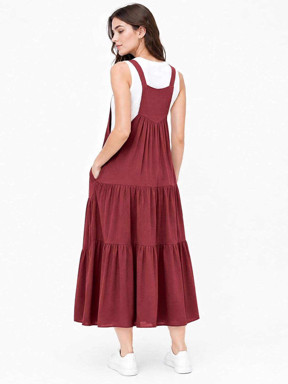Dusty rose sleeveless midi overall dress with tiered A-line skirt