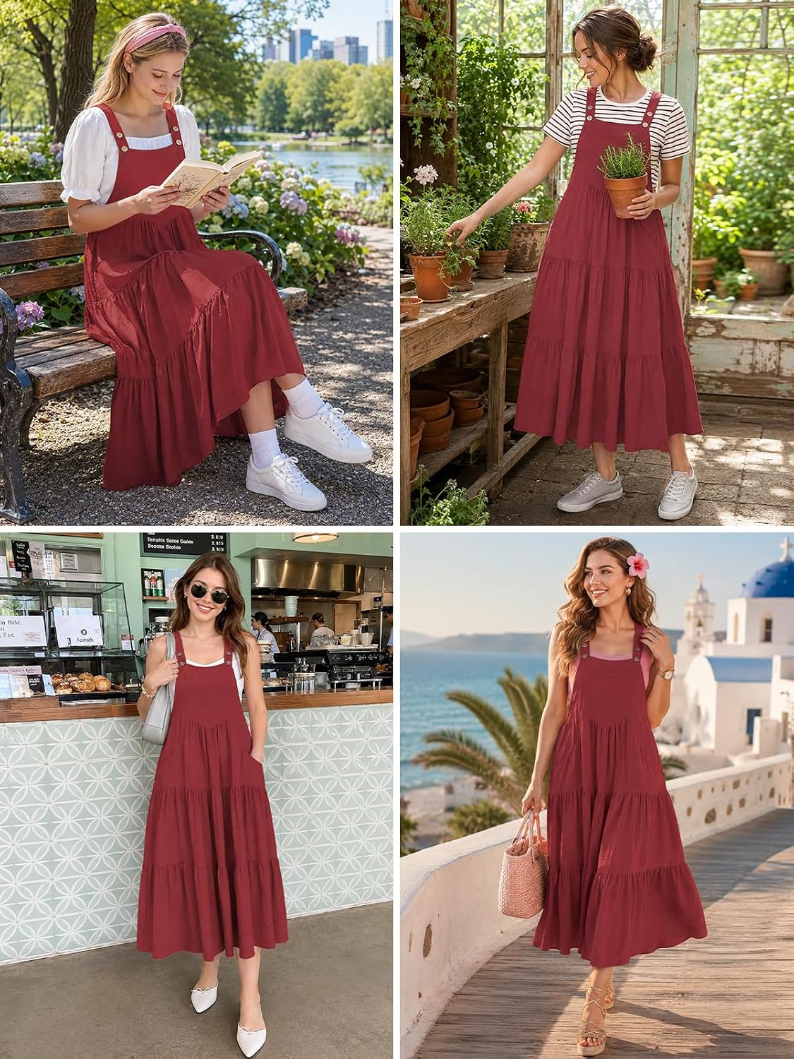 Dusty rose tiered midi overall dress with pockets, worn with white sneakers