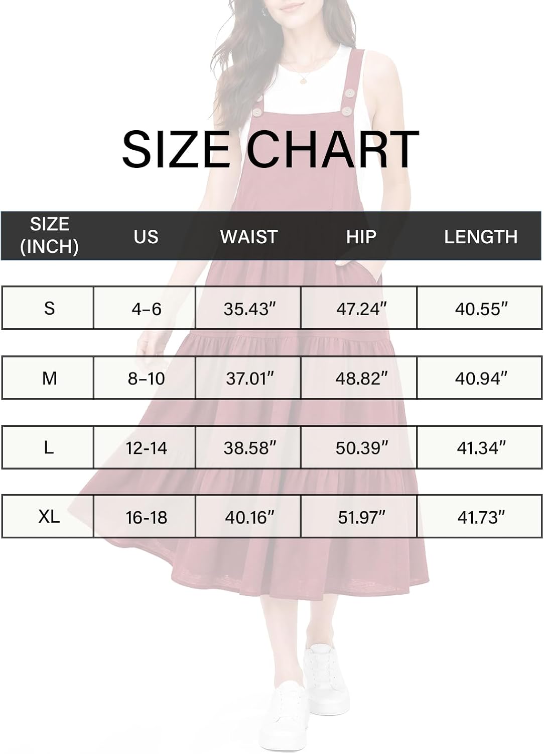 Size chart for plus size midi overall dress