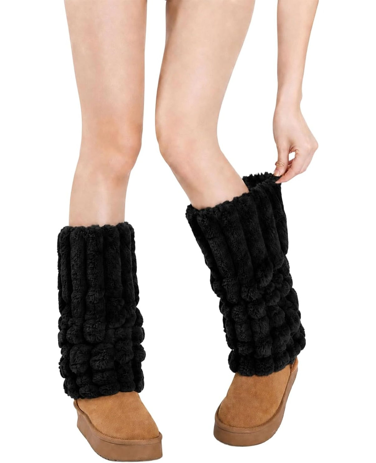 Moon Wood Faux Fur Furry Leg Warmers Fluffy Boot Covers - Black - view 1