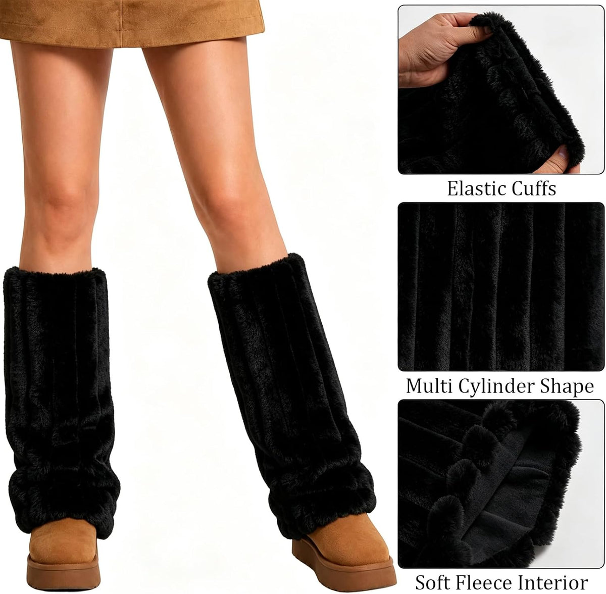 Moon Wood Faux Fur Furry Leg Warmers Fluffy Boot Covers - Black - view 6