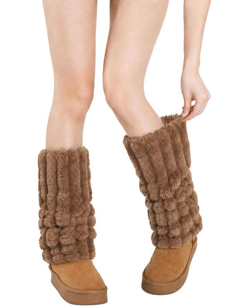 Moon Wood Faux Fur Furry Leg Warmers Fluffy Boot Covers - Brown - view 1