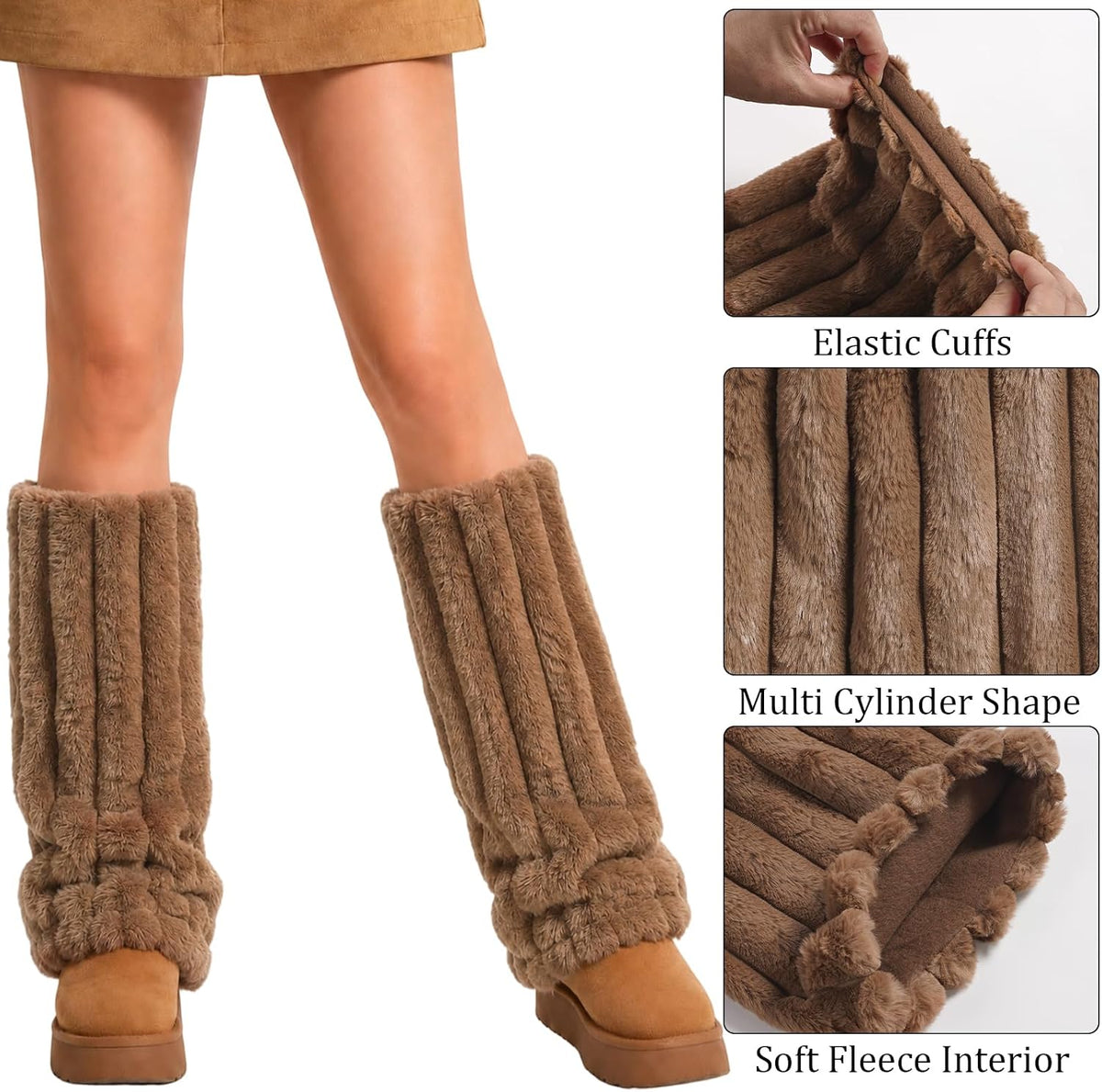 Moon Wood Faux Fur Furry Leg Warmers Fluffy Boot Covers - Brown - view 6
