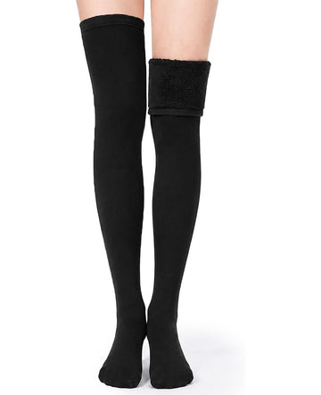 Moon Wood Fleece Lined Thigh High Socks Over the Knee Thick Leg Warmers - Black - view 1