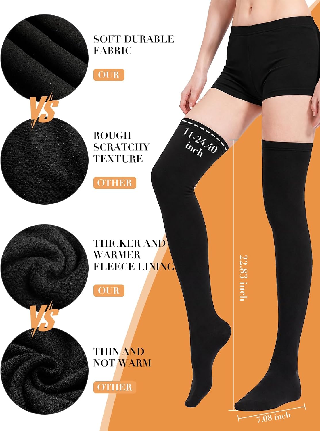 Moon Wood Fleece Lined Thigh High Socks Over the Knee Thick Leg Warmers - Black - view 5