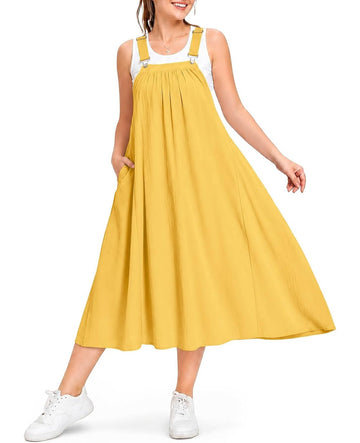 Plus size yellow cotton overall dress with square neckline and adjustable straps
