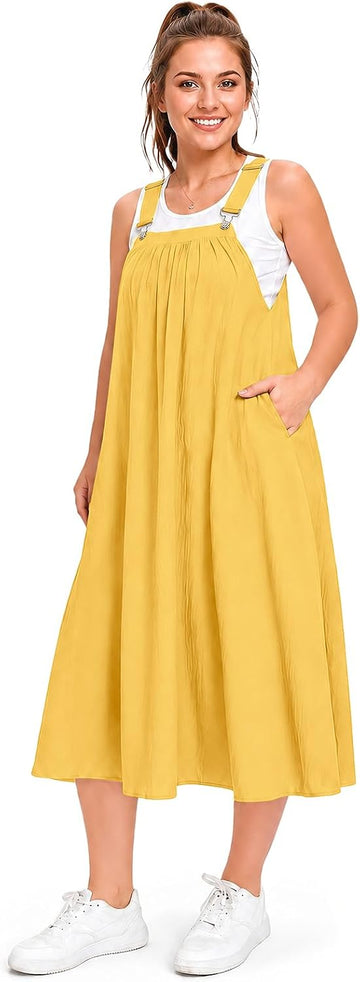 Yellow overall dress with square neckline, gathered bodice, and adjustable straps