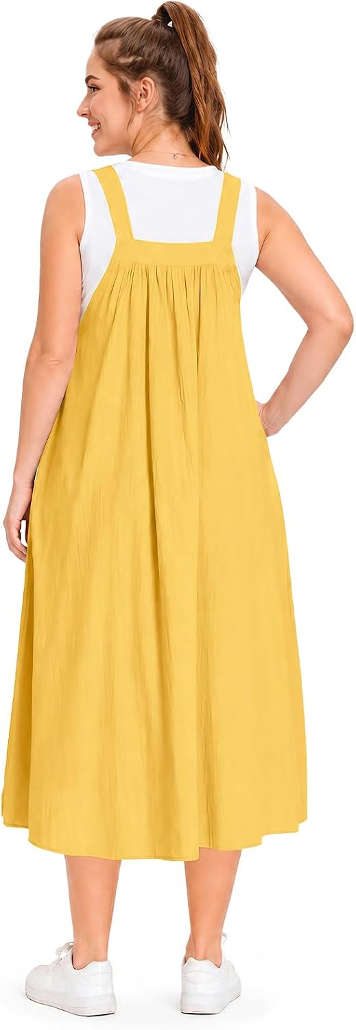 Yellow A-line overall dress with square neckline, white-trim straps, and full skirt